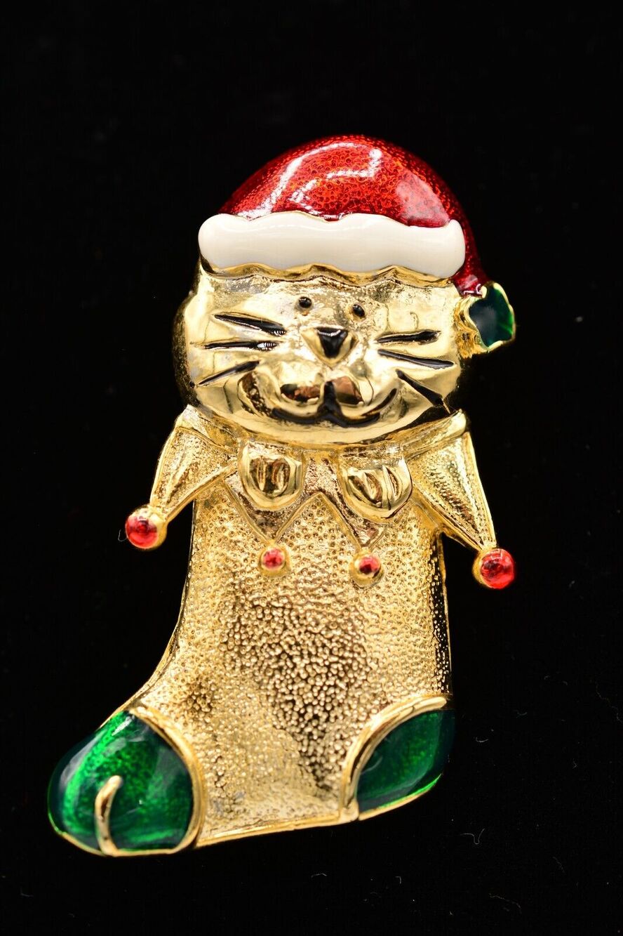 Vintage Christmas Cat Pin Brooch Stocking Brushed Gold Enamel Holiday BinAJ